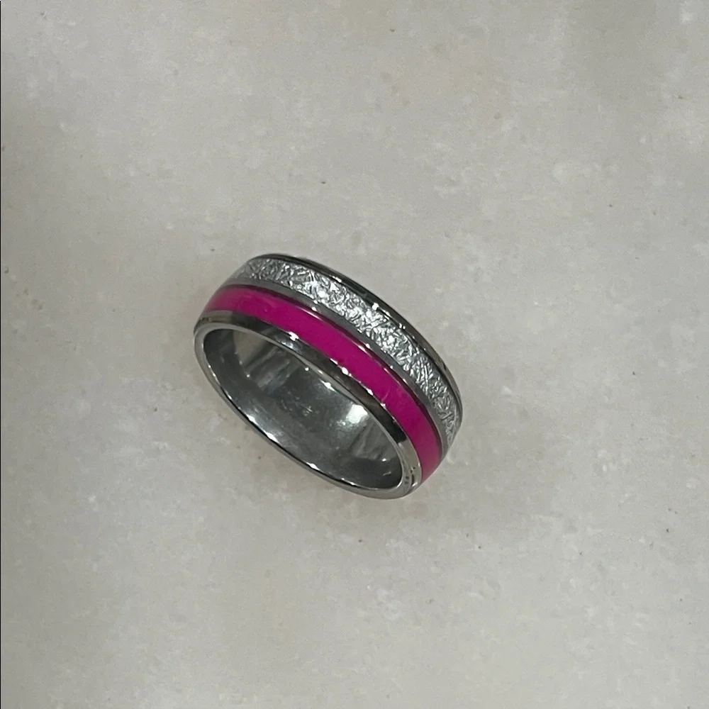 Silver and Pink Stainless Steel 8mm Ring